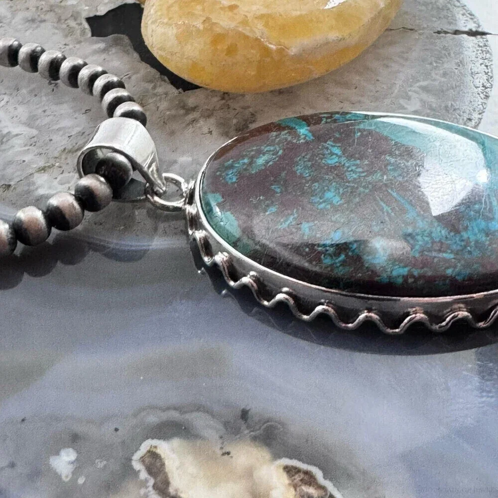 Sterling Silver Southwestern Style Large Oval Green Turquoise Pendant For Women - Picture 3 of 10